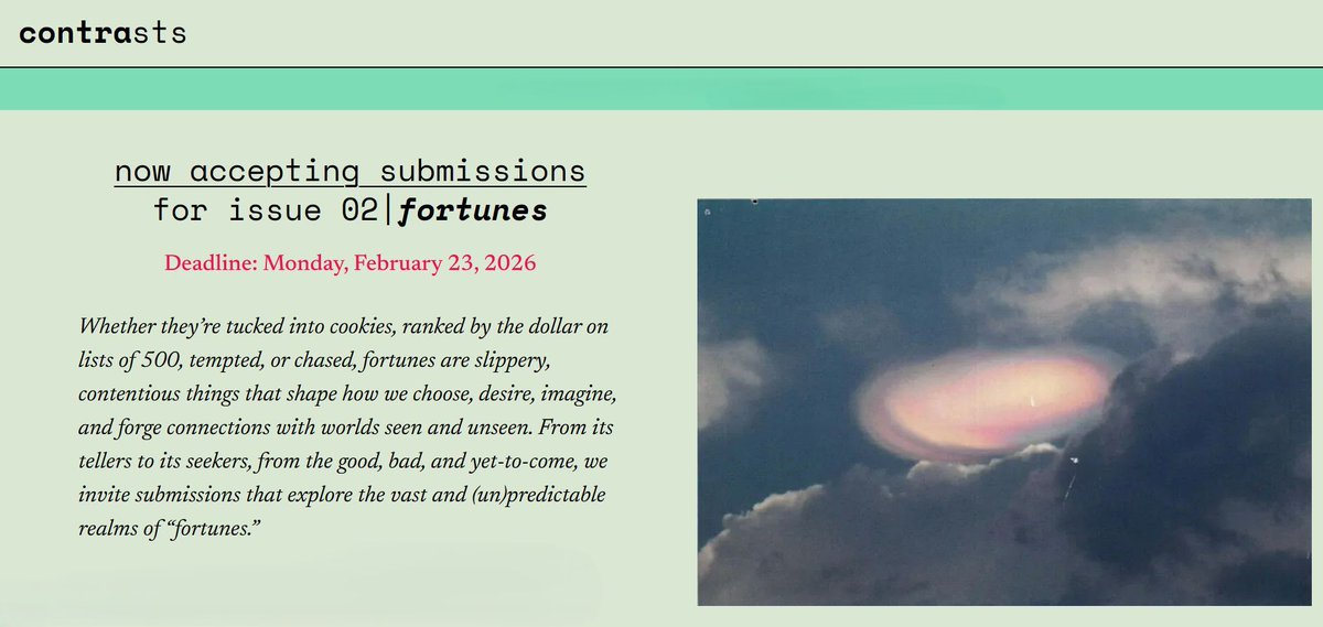 TapuyaLASTS's tweet image. 🎯[Calls &amp;amp; Applications]

Pitch to ContraSTS Magazine on the theme "Fortunes"! How do science &amp;amp; tech shape our future? Submit your creative take by Feb 23, 2026. All backgrounds welcome!

🔗Details at tapuya.org/category/calls…
#CFP #STS #Writing