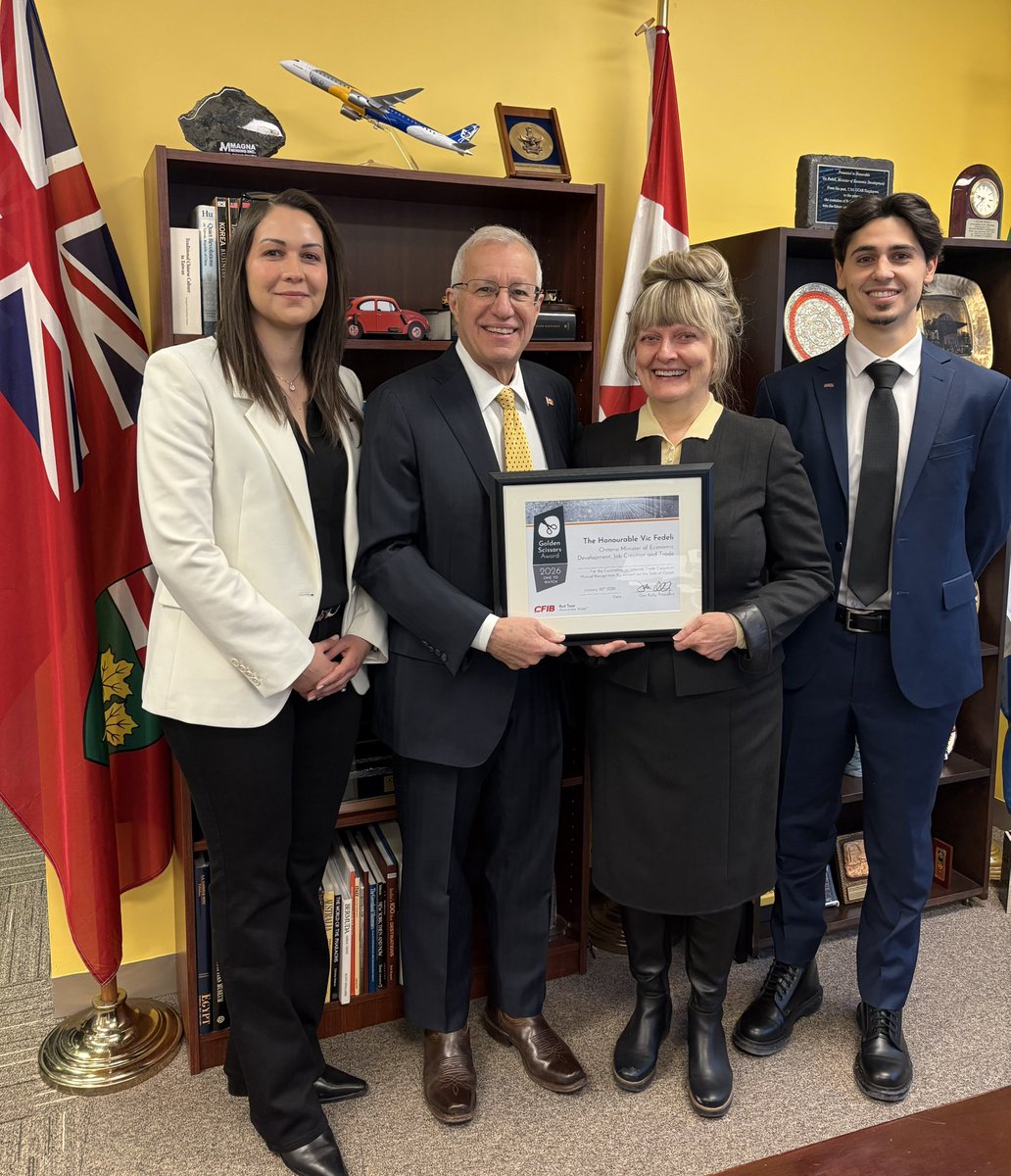 Ontario is honoured to be recognized by the CFIB’s “One to Watch” Golden Scissors Award for our leadership in eliminating barriers to free trade across Canada. 🇨🇦 

The Canadian Mutual Recognition Agreement holds great consequence for our national economy and will play a vital