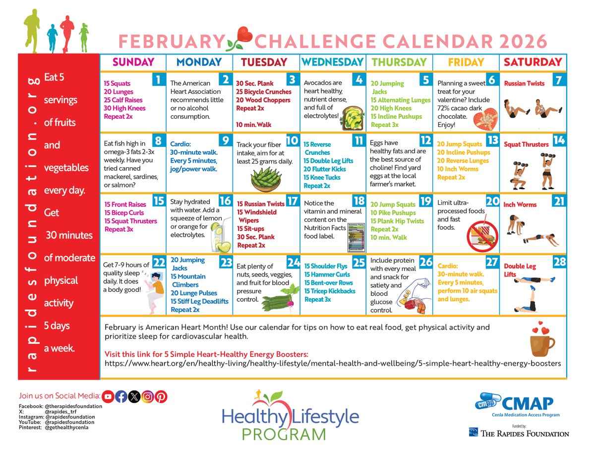 This February, take care of your heart! 💪💓 Our February Challenge focuses on National Heart Health Month. Use our calendar for heart-healthy tips like how to lower cholesterol and blood pressure. Download it now and challenge your friends! bit.ly/4bqDsUA