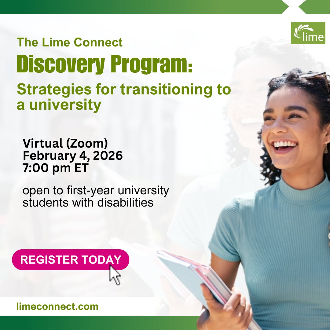 limeconnect's tweet image. Today’s the deadline. Tomorrow’s your opportunity!

Join Lime Connect’s first-year program on 02/04/2026 at 7pm! We’ll discuss strategies for transitioning to university. The Event is virtual via Zoom. REGISTER NOW! 

limeconnect.com/events/discove…  #DisabilitySupport #FirstYearStudents