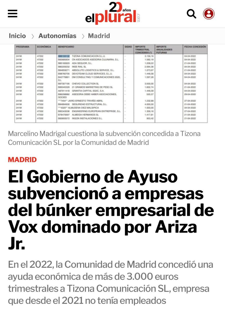 Una empresa sin empleados desde 2021.
Subvenciones de la Comunidad de Madrid.
• Contratos de Vox por 320.000€ anuales.
• Pagos de 63.000€ a la mujer de Abascal.

Todo en la misma dirección: Nicasio Gallego, 9. Esto huele a chiringuito de manual.
elplural.com/autonomias/mad…