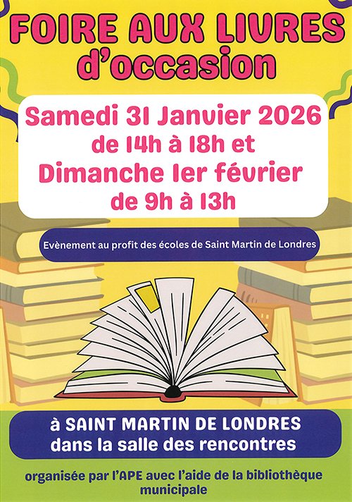 MDAM34's tweet photo. Foire aux livres d'occasion le samedi 31 Janvier 2026 de 14h à 18h et le dimanche 1er Février de 9h à 13h à la salle des rencontres de Saint Martin de Londres #livres https://t.co/5Dey8YUzxI
