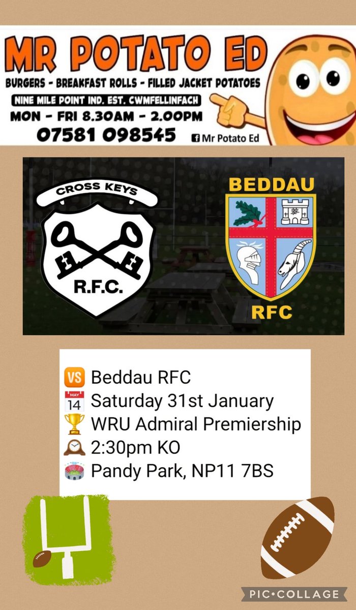 <a href="/MrPotatoEd2/">Mr Potato Ed</a> is back at <a href="/crosskeysrfc/">Cross Keys RFC</a> tomorrow!!
<a href="/crosskeysrfc/">Cross Keys RFC</a> v <a href="/BeddauRFC/">Beddau R.F.C. 🏉</a> 🏉🍔🌭🥓🥔🍳😋
