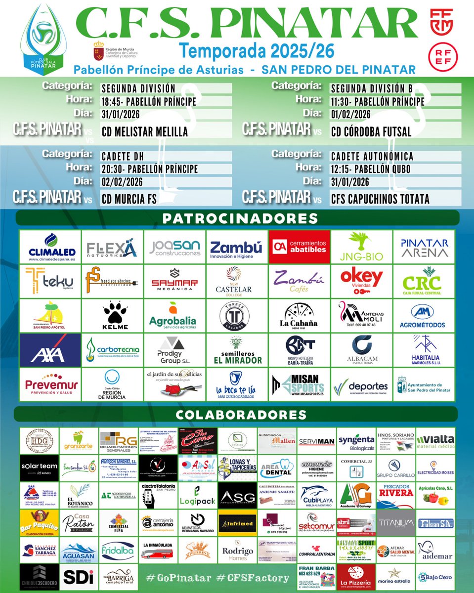 CFS_Pinatar's tweet image. 🤨¿Tenías planes para este finde?
📝¡Cambia inmediatamente la agenda!

🫵🏻Te proponemos mucho y muy buen futsal en casa

🖼️Estos son los partidos que los equipos del club disputarán como locales

#GOZambúCA #GOPinatar #CFSFactory💙💚