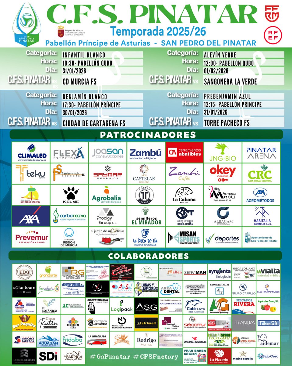CFS_Pinatar's tweet image. 🤨¿Tenías planes para este finde?
📝¡Cambia inmediatamente la agenda!

🫵🏻Te proponemos mucho y muy buen futsal en casa

🖼️Estos son los partidos que los equipos del club disputarán como locales

#GOZambúCA #GOPinatar #CFSFactory💙💚