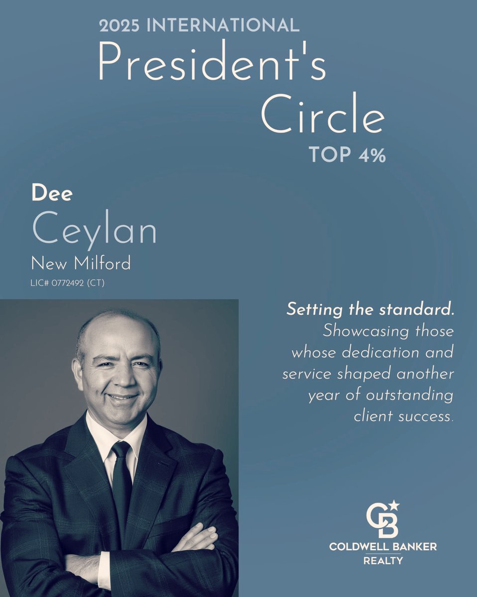 PRESIDENT’S CIRCLE (4%) 
Honored to be recognized among the Top 4% of over 95,000 agents worldwide at Coldwell Banker Realty. This achievement wouldn’t be possible without the trust of my clients, the incredible support of our office team, and, of course, my family 
Thank you 💙