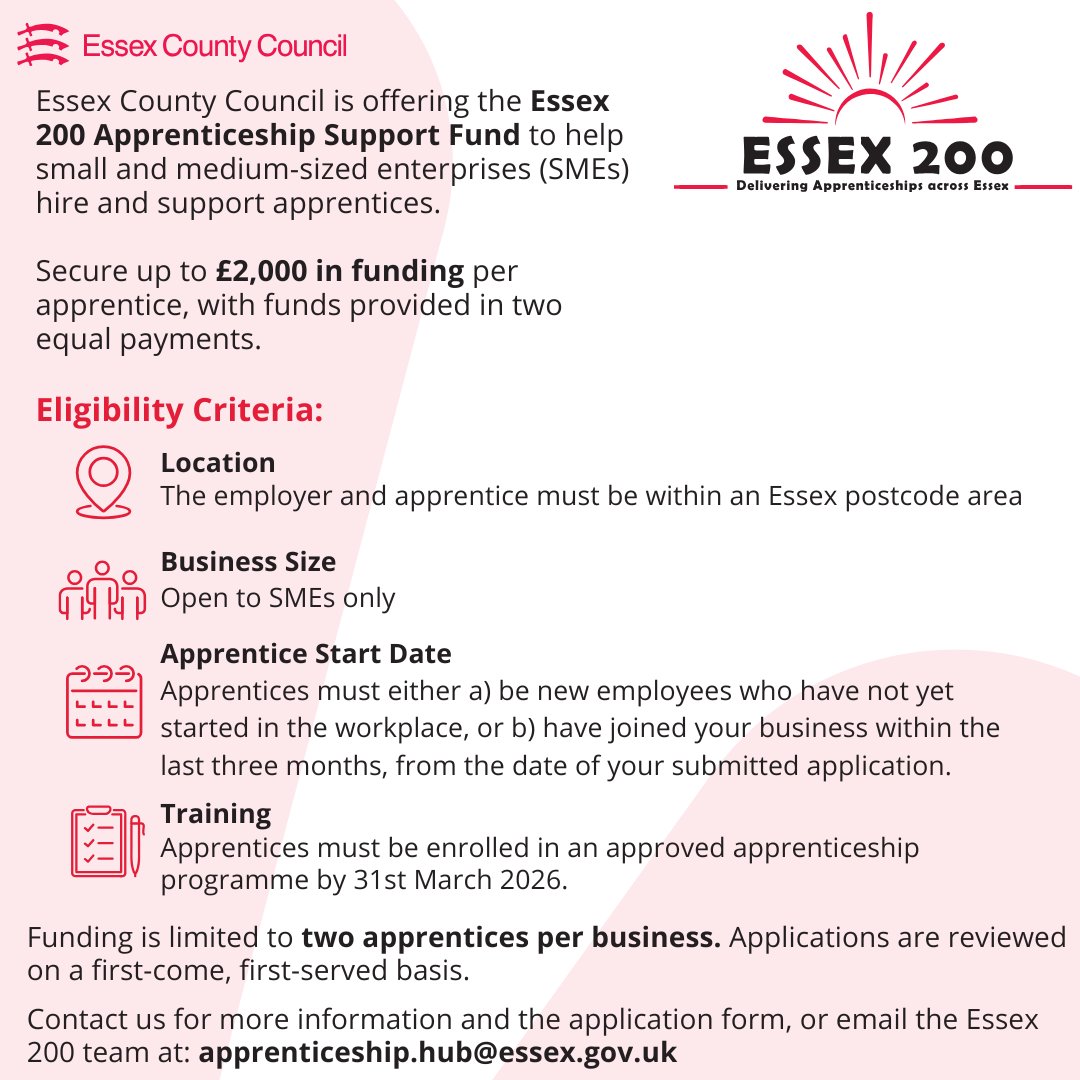 vtslearning's tweet image. 🚀 Funding available for Essex employers hiring apprentices!

The Essex 200 Apprenticeship Support Fund is offering up to £2,000 per apprentice to help SMEs hire apprentices 🙌

Apprentices must be employed and enrolled by 31st March 2026.

👉 Don’t miss out — apply now!