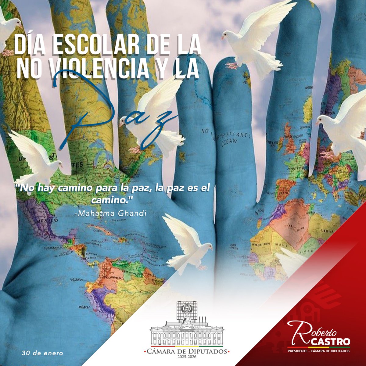 La Cámara de Diputados conmemora el “𝐃𝐢́𝐚 𝐄𝐬𝐜𝐨𝐥𝐚𝐫 𝐝𝐞 𝐥𝐚 𝐍𝐨 𝐕𝐢𝐨𝐥𝐞𝐧𝐜𝐢𝐚 𝐲 𝐥𝐚 𝐏𝐚𝐳”, 📷  con la ratificación de su compromiso por velar por la tolerancia, la solidaridad, la concordia y el respeto de los derechos humanos en el país.

#CámaraDeDiputados