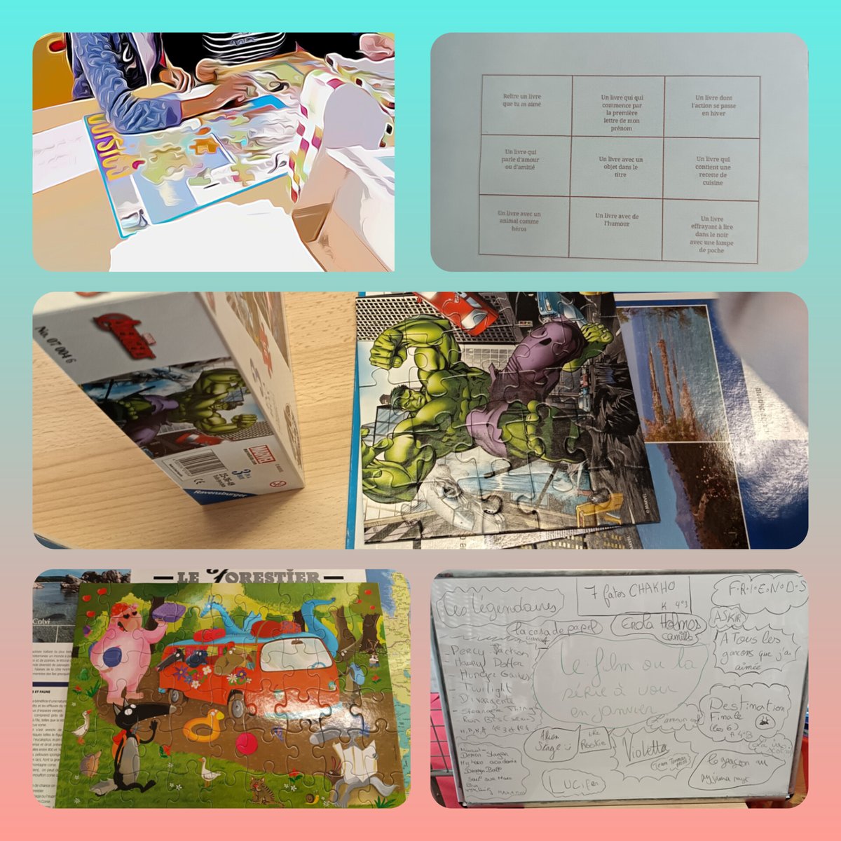 CdiClervoy's tweet photo. Fin de semaine au CDI avec les premiers puzzles collaboratifs qui ont été appréciés, la question de la semaine qui a rencontré un grand succès, et un bingo démarré en bookclub.
#cdi #Profdoc #series #films #puzzle #TempsCalme #bingolitteraire https://t.co/x1lxHpGwMt