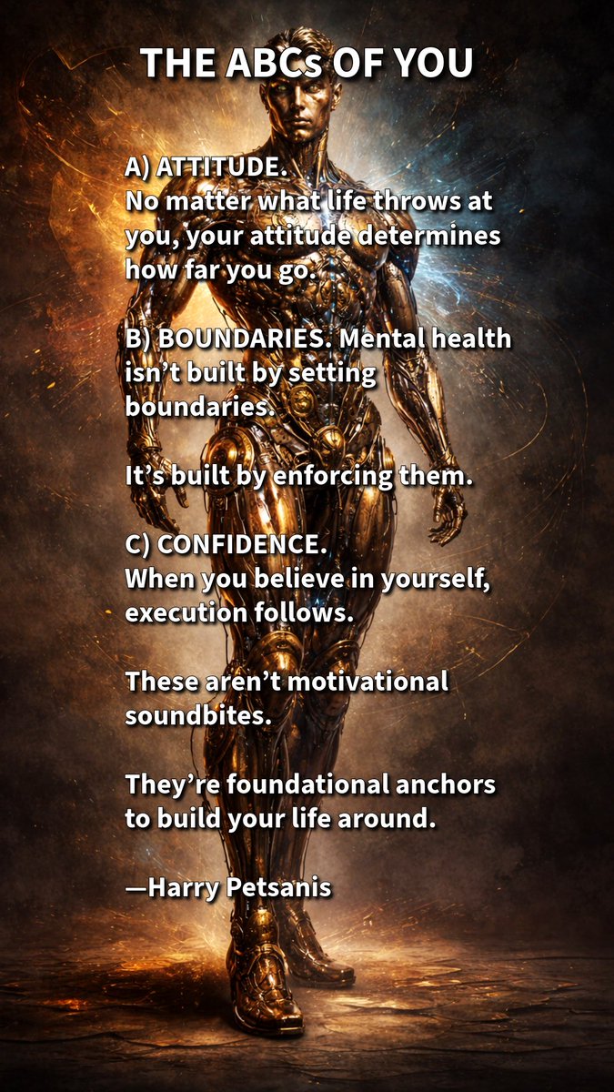 harrypetsanis's tweet photo. Mindset & Discipline—The ABCs of You with Harry Petsanis
Attitude, Boundaries, Confidence—The ABCs of You
Master your attitude, enforce your boundaries, and confidence turns into execution.
#AttitudeMatters #HealthyBoundaries
#SelfConfidence #ExecutionMindset
—Harry Petsanis https://t.co/CyCo6gz2TQ