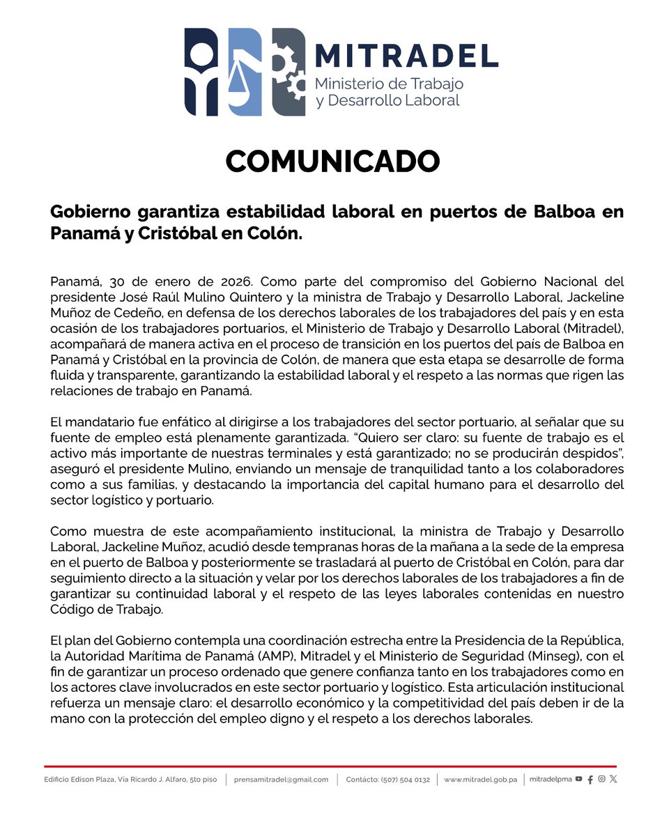 El Gobierno Nacional actúa con responsabilidad tras el fallo de la Corte Suprema de Justicia.

Por instrucción del presidente <a href="/JoseRaulMulino/">José Raúl Mulino</a> y con la presencia activa de la ministra <a href="/Jackyenpositivo/">Jackeline Muñoz</a>, el Mitradel acompaña este proceso como ente rector de las relaciones laborales.