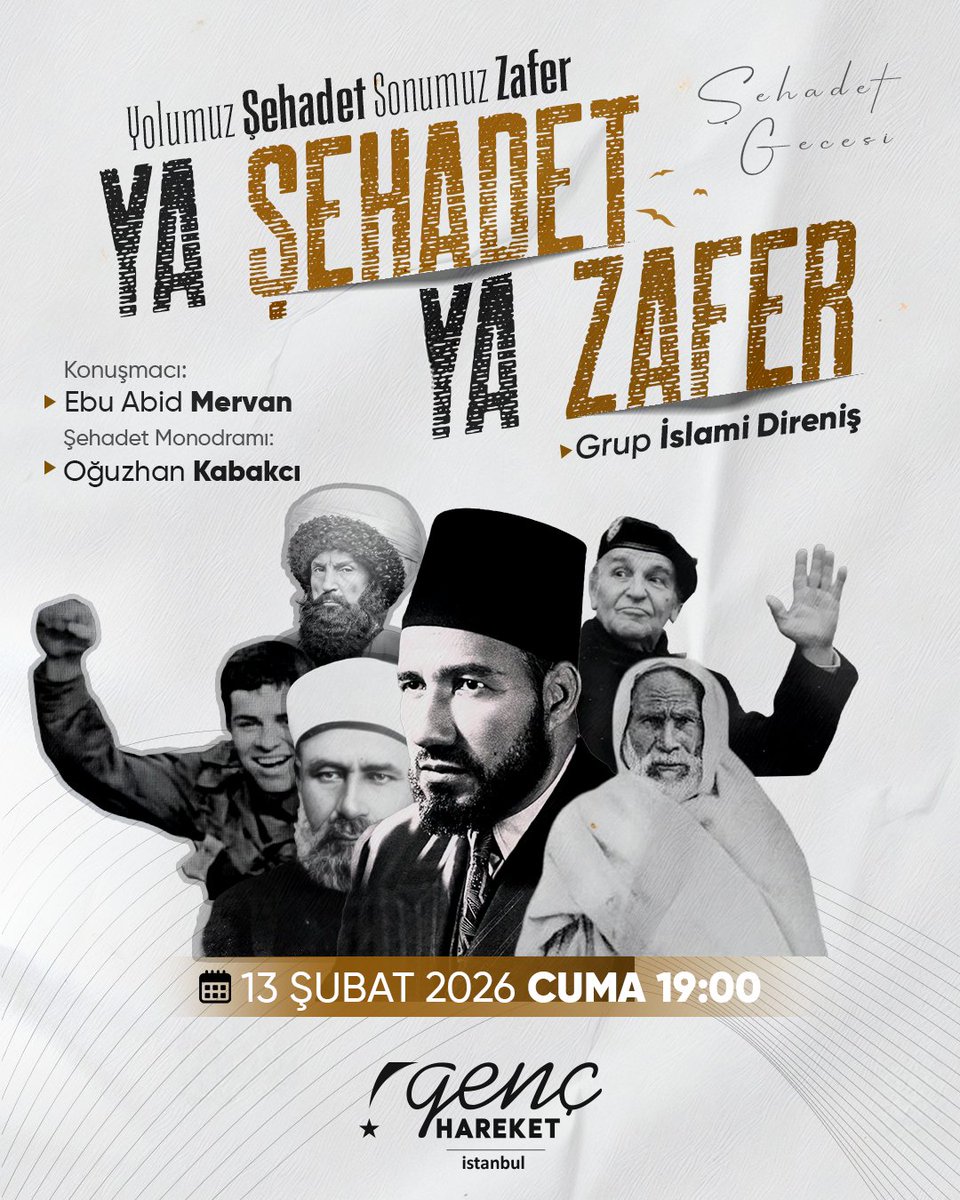 Yolumuz Şehadet, Sonumuz Zafer! ☝️

Toprağa düşen her bir kanın diriliş muştusu olduğuna inanıyoruz.

​🗓 13 Şubat Cuma
⏰ Saat: 19.00
📍 İmh Genel Merkezi (Bahariye Mevlevihanesi)

Bu iklimde birlikte omuz omuza saf tutmak için sizleri de bekliyoruz