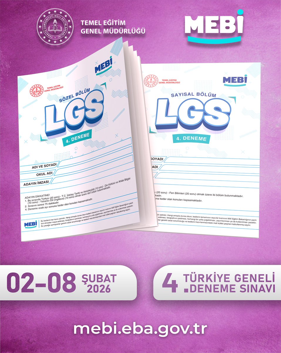 LGS hazırlığında yeni döneme
kendini deneyerek başla🌟
⭐️4. çevrim içi deneme
02–08 Şubat’ta MEBİ’de seni bekliyor.
Gerçek sınav deneyimi:
✔️ Doğru–yanlışlarını anında gör
✔️ Puanını öğren
✔️ Türkiye geneli yüzdelik dilimini keşfet
Çevrim içi çöz ya da PDF olarak indir.💫
