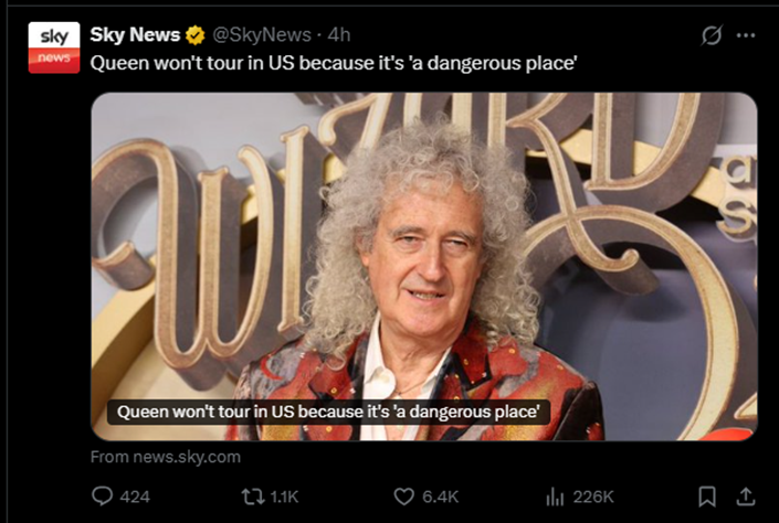 Polito_loco's tweet photo. Queen guitarist, Brian May, says US is currently too dangerous for Queen to tour there, and comedian John Bishop wants the World Cup in the US boycotted. 

Spare me the nonsense. 

Two privileged twats who don't say a god damn word when 250,000 young British girls are purposefully targeted by Pakistani rape gangs. 

They don't say a word about the non-stop stabbings, sexual assaults, and rapes that are reported daily in the UK. 

The UK has actual Sharia Law courts. A two-tier legal system where mean tweets send you to jail but paedo's walk the streets. 

Nothing. Radio silence from them both. 

But yes, the U.S. is "unsafe" and a "joke".