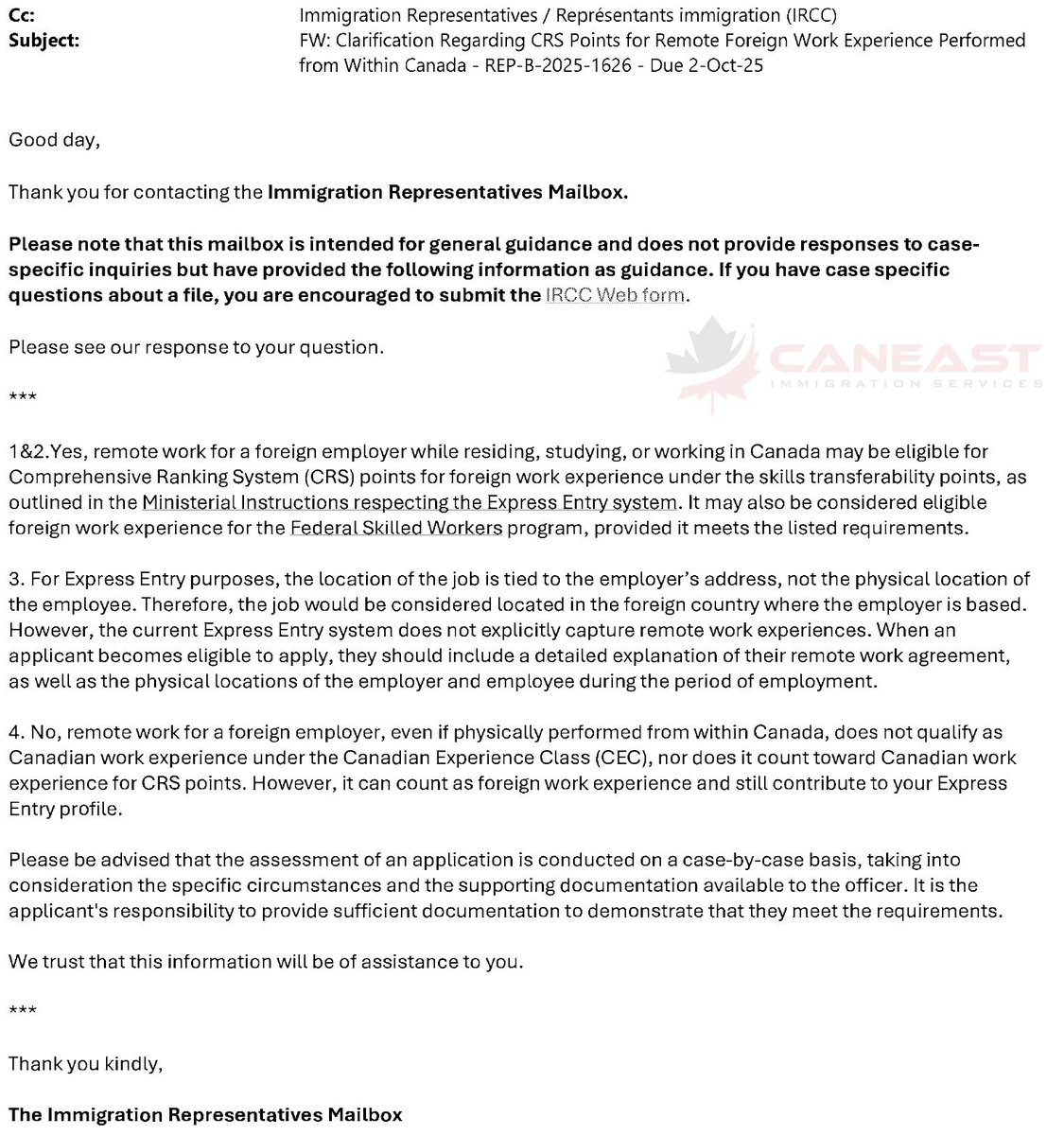 MannyLidher's tweet image. REP-B-2025-1626 | Express Entry- Remote Foreign Work
📅 IRCC clarification dated Oct 22, 2025

IRCC confirms that remote work for a foreign employer performed while residing, studying, or working in Canada:

• May count as FOREIGN work experience
• Can earn CRS skill…