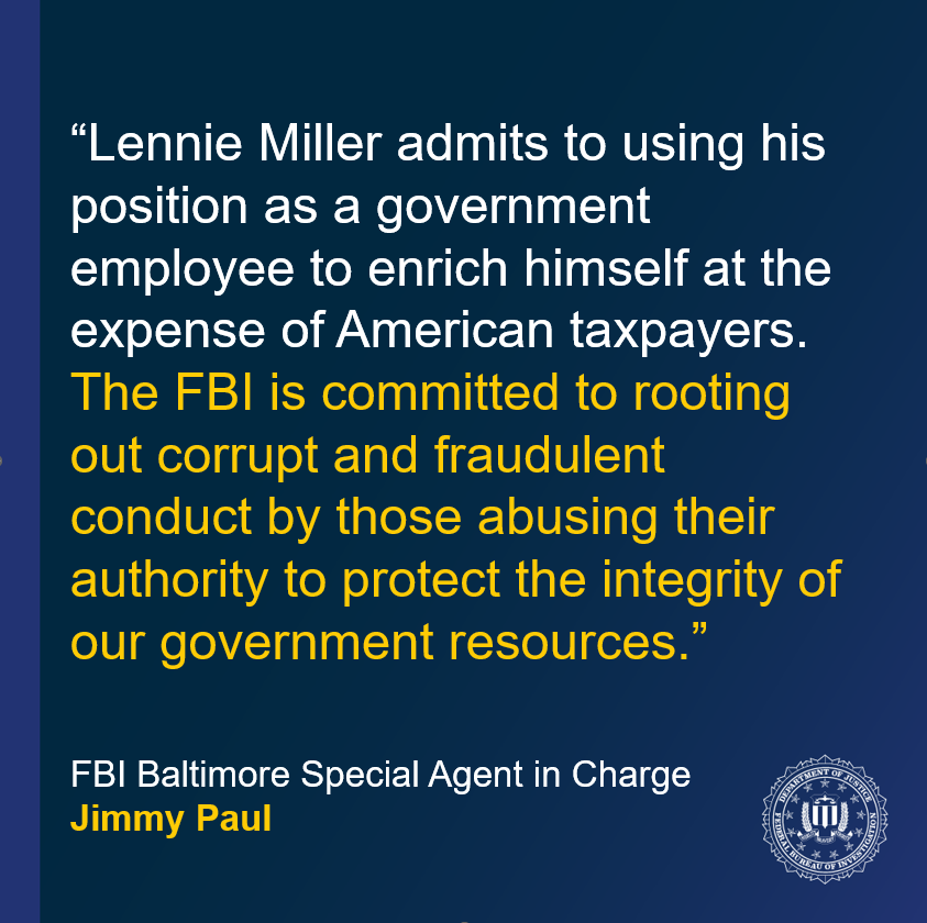 FBIBaltimore's tweet photo. Former Government Official Pleads Guilty to Bribery Conspiracy

A former General Services Administration contracting officer’s representative pleaded guilty for his role in agreeing to accept bribes from construction companies.
https://t.co/Bc59WBxUue https://t.co/moL4q4p1AJ