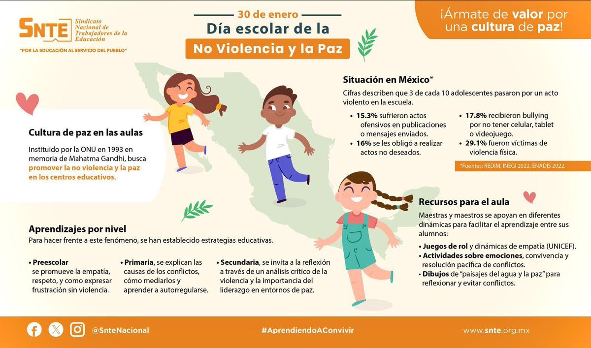 SNTE_Seccion_23's tweet photo. Á𝐫𝐦𝐚𝐭𝐞 𝐝𝐞 𝙫𝐚𝐥𝐨𝐫, 𝐩𝐨𝐫 𝐮𝐧𝐚 𝐜𝐮𝐥𝐭𝐮𝐫𝐚 𝐝𝐞 𝐩𝐚𝐳

En el Día Escolar de la no Violencia y la Paz,🕊️ recordemos lo importante que es promover la empatía, respeto y resolución pacífica de conflictos dentro y fuera del aula.🏫
#AprendiendoAConvivir #30deEnero https://t.co/NjGxy7343d