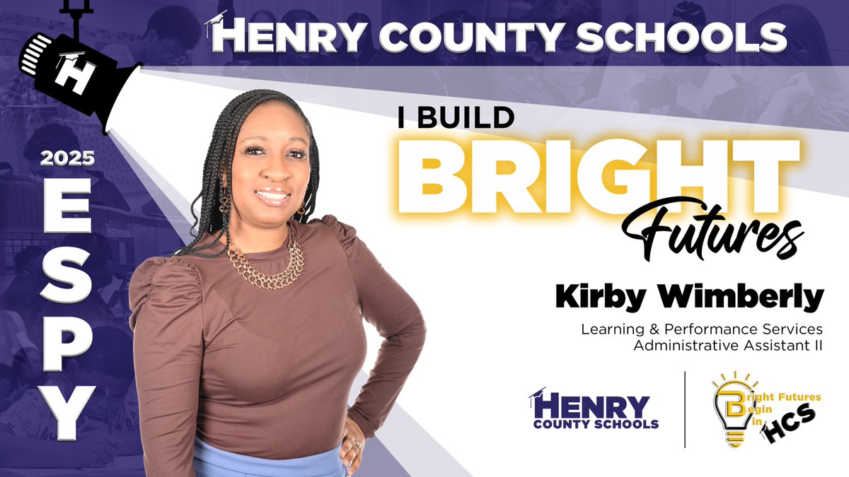 HenryCountyBOE's tweet photo. "Ms. Kirby Wimberly brings joy, humor, and expertise to any team! During her time with Learning and Performance, particularly in the Department of Professional Development, she ensured we remained on track and positioned for success. Her smile and listening ear made everyone's workload easier. It’s a pleasure to see her selected as the ESPY for our division. She deserves this honor!"
Our educational support personnel make our schools and district better and stronger in ways that often go unseen. Stay tuned as we highlight the invaluable contributions of our ESPYs over the next several weeks, in the lead-up to the #2025ESPYs on March 12.
#BrightFuturesBeginInHCS #HenryProud #YouBelongInHenry