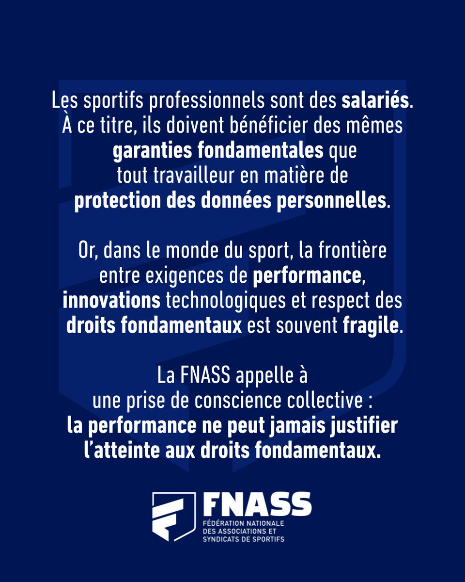 FNASS_'s tweet image. 📣 Protéger ls données des sportifs, c’est renforcer la confiance dans un sport professionnel plus juste, plus responsable &amp;amp; plus respectueux de l’humain.

Les sportifs professionnels sont ds salariés, ils doivent bénéficier des mêmes garanties fondamentales que tout travailleur.