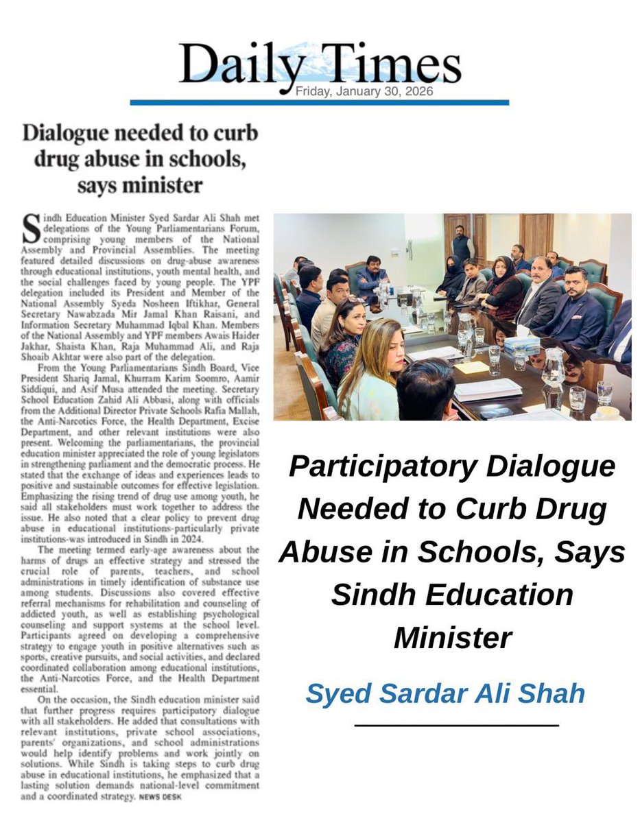 MinisterEduGos's tweet photo. Dialogue needed to curb drug abuse in schools, says minister Education @sardarshah1 . 

@JamalRaisani @SyedaNosheenPK 
https://t.co/xsTJ48d7G3 https://t.co/ytgdZjdaGy