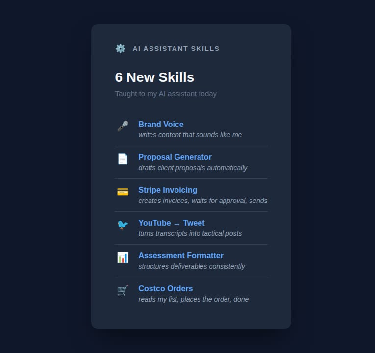 GanimCorey's tweet image. I taught @openclaw 6 new skills today.  

Here's exactly what each one does:

1) Brand voice: Writes content that sounds like me, not ChatGPT

2) Proposal generator: Drafts client proposals in deliverable format automatically

3) Stripe invoicing: Creates draft invoices, waits…