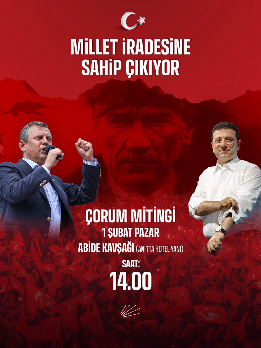 eczburhan's tweet photo. Pazar günü sözümüzü köklü medeniyetlerin ev sahibi Çorum’dan yükseltiyoruz.

Yalanlarla, iftiralarla, yargı sopasıyla bizi durdurmaya çalışanlara karşı memleketimizin dört bir yanında omuz omuza mücadele ediyoruz.

Ant olsun ki bu meydanlar, Ak Parti’nin kara düzenini yıkacak!

Hep birlikte direnecek, hep birlikte kazanacağız!

🗓 1 Şubat Pazar
⏰ 14.00
📍 Abide Kavşağı (Anitta Hotel Yanı)