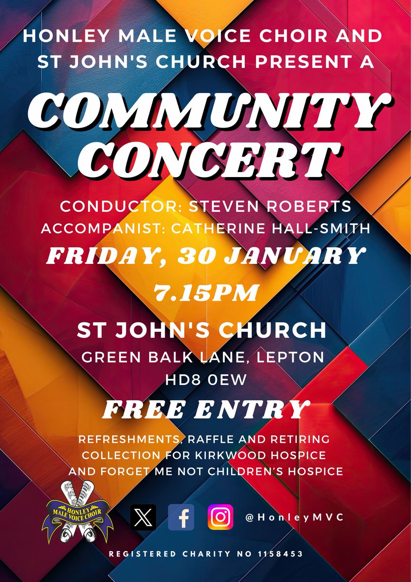 Tonight! Free Community Concert at St John’s Church, Lepton 7:15–9:30pm
Music • Raffle • Refreshments and retiring collection for Kirkwood Hospice + Forget Me Not Children’s Hospice Admission free – come along!
#LeptonConcert #SupportLocal #KirkwoodHospice #ForgetMeNotChildren