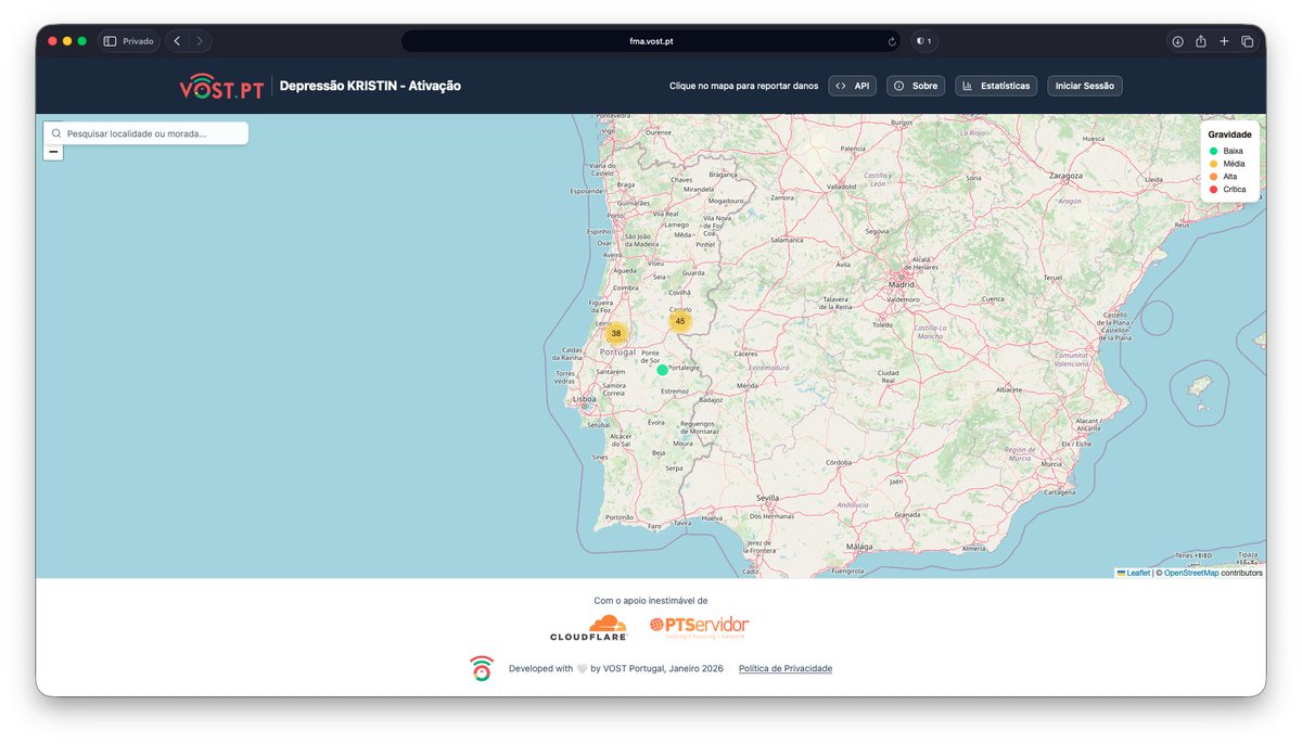 VOSTPT's tweet photo. A @VOSTPT disponibilizou uma nova aplicação web — https://t.co/KK1jH5fhOl — que permite a cidadãos e autoridades reportarem danos causados por fenómenos meteorológicos severos através de um mapa interativo, em tempo quase real.

1/7 https://t.co/ChEaatqSBl
