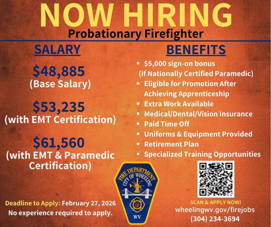 WheelingFD's tweet photo. Now accepting applications for firefighters!
Apply Online: https://t.co/zCIZIOiQNJ
Deadline to Apply: February 27, 2026 https://t.co/b8tRa2qXdY