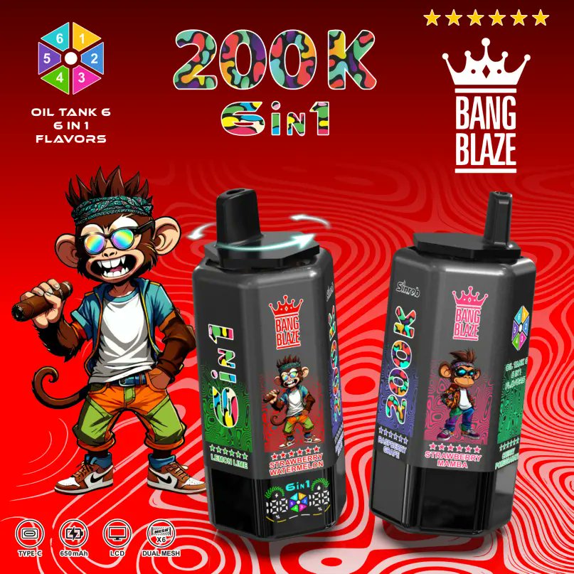 lo_vape65913's tweet photo. Switch it up with the #BangBlaze #200K—#6in1 oil tank, #DualMesh power, and an #LCD screen with fast #TypeC charging for nonstop sessions. Adults 18+; nicotine is addictive. #Vape #DisposableVape #HighCapacity #VapeLife #VapeCommunity #VapeShop #InStock #AdultsOnly #18Plus https://t.co/TsBZhHqeZd
