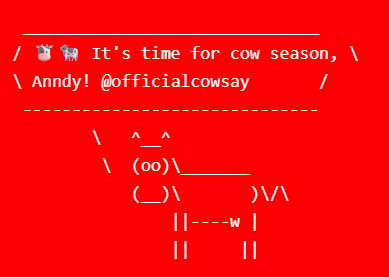 shtorik85's tweet photo. @anndylian 🐮🐄 It's time for cow season, Anndy @anndylian ! 
\@officialcowsay / 
 \ ^__^
   \ (oo)\_______ 
       (__) \             )\/\
                ||-----w |
                ||             || https://t.co/HlnRJSr0IU
