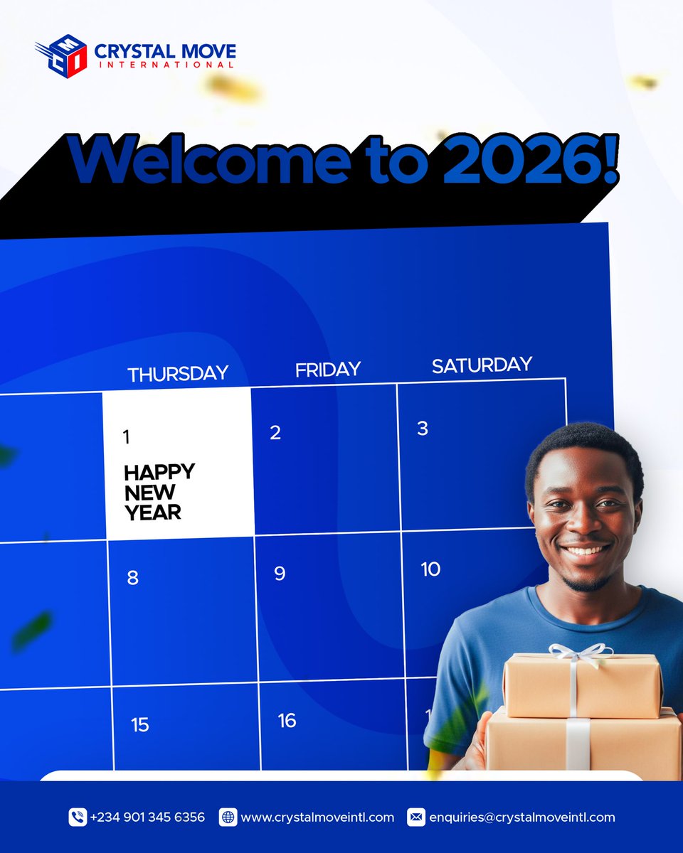 Crystalmoveintl's tweet photo. Welcome to 2026.

New goals, new destinations, and the same reliable service. We’re delivering excellence all year round. 📦🎁

Ready to start your next chapter? Contact us today!
📞 +234 901 345 6356
🌐 https://t.co/R21CxoVxLf

#HappyNewYear2026 #Newyear https://t.co/xKiv07ZkE8