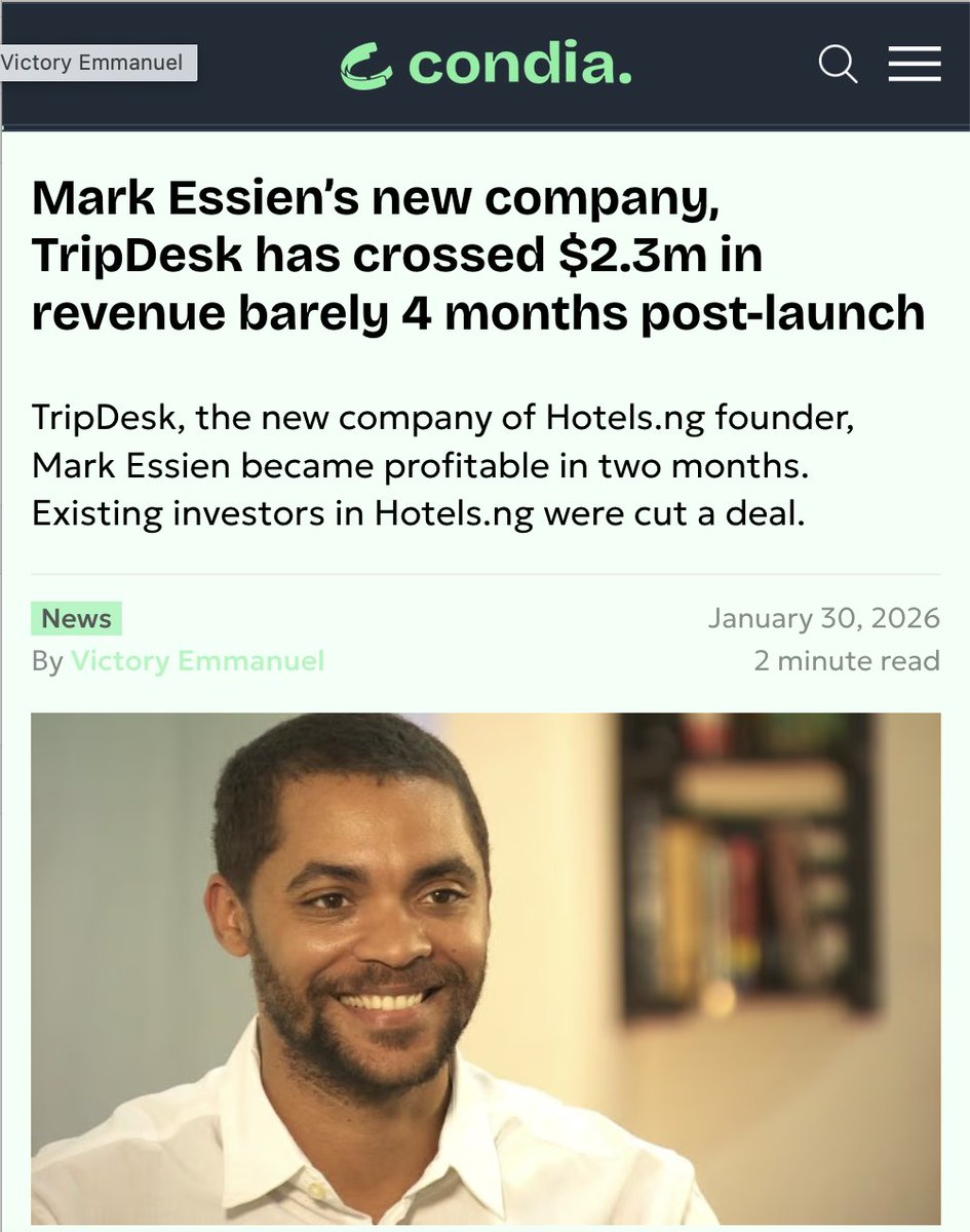 In 2018, I wrote about a five-year-old African startup founded by <a href="/markessien/">Mark Essien</a>. 

Just this month, he's come out of stealth with his new startup, <a href="/tripdesk/">TripDesk Travel & Tour Services</a>, that he says has done $2.3M in four months of public launch.

Mark's journey is special, at the time when he founded