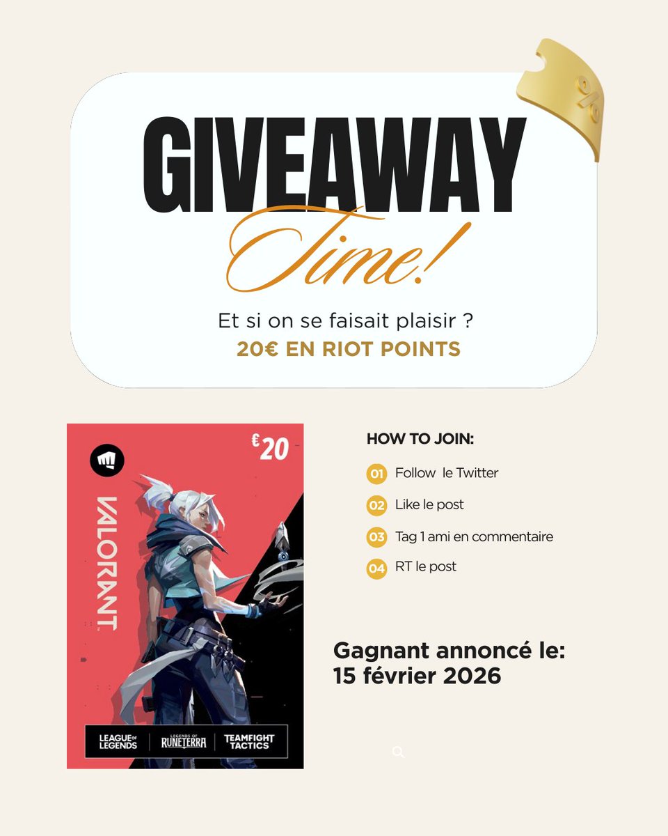 20€ RIOT POINTS Giveaway💰

✅️Follow +Like + RT + Tag 1 ami 

Résultat 15 février 2026 📆
#giveaway #VALORANT #LeagueOfLegends