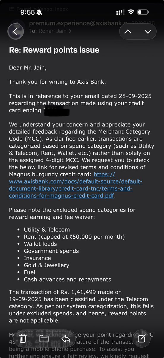 rohanrj's tweet photo. @PointsPro Did you actually get Points aith Axis bank Credit card ? I think they have blocked MCC on telecom purchase and services. Thats what happened with me. https://t.co/RdAnDZdUt7