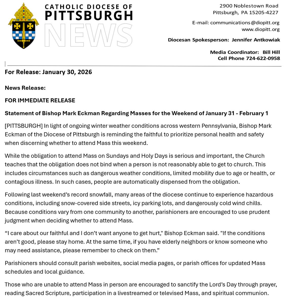 HolyFamilyPGH's tweet photo. 1/30 Update for Winter 2026 Masses:

All Masses are offered this 1/31 and 2/1 weekend by a priest.  Please see the Diocesan statement about the obligation to attend. Come if you can, be safe and stay home if needed, and watch out for neighbors. https://t.co/JUD9EwUfY9