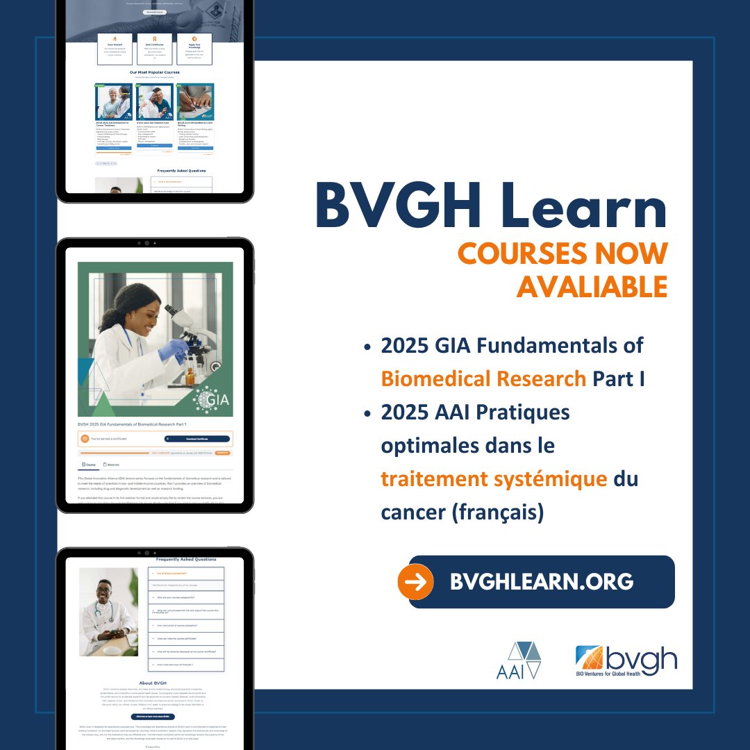 BIOVentures's tweet photo. We've released 2 more courses to our BVGH Learn platform on topics including #research and #cancer treatment! All courses available on BVGH Learn address our LMIC partners’ clinical and research priorities in cancer and infectious diseases. https://t.co/c4ZQzZ225C https://t.co/ii06sNXBG0