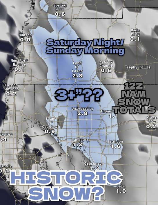 FLStormChasers_'s tweet photo. ❄️HISTORIC FLORIDA SNOW?❄️
UPDATE: The latest 12z NAM3km model is once again showing HISTORIC SNOW TOTALS for the Tampa area,  with some areas potentially getting up to or over 3 inches! Insane to see this kind of output a second time! We'll keep you updated!

#wx #flwx