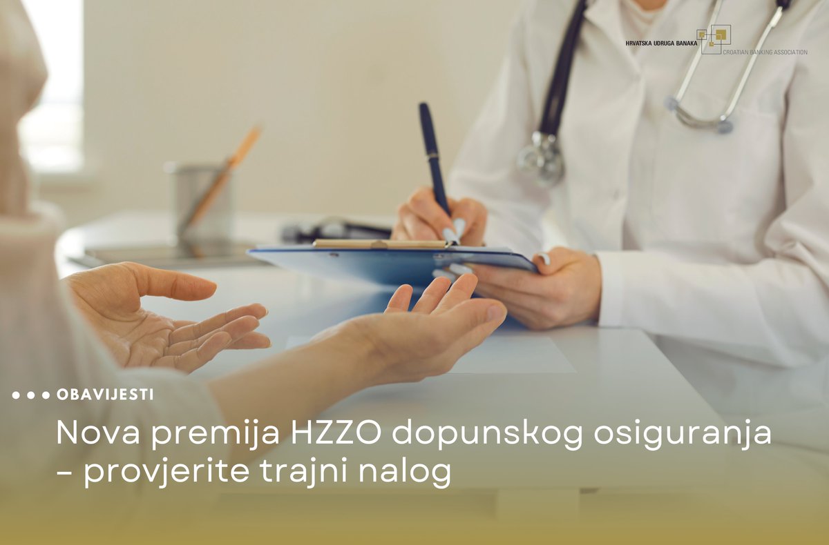 📌 Od 1.2.2026. nova mjesečna premija dopunskog osiguranja HZZO-a iznosi 15,00 EUR.

Korisnici koji plaćaju trajnim nalogom trebaju zatražiti izmjenu iznosa u banci - osobno ili digitalnim kanalima.

ℹ️ Detalji: bit.ly/4boQHVP

#HZZO #TrajniNalog #HUBobavijesti