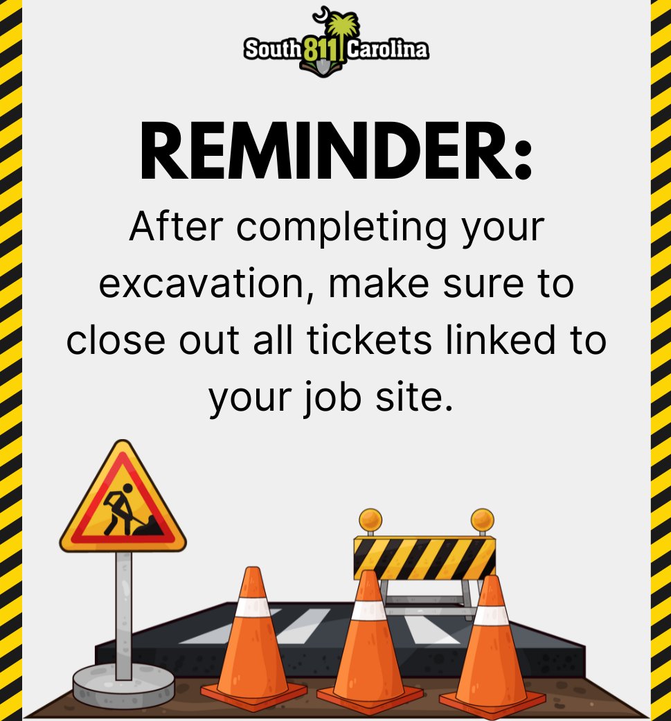 sc_811's tweet image. Finished digging? Don’t forget to close out your tickets! You can do this by using Exactix online or by contacting SC811. 

#SC811 #LastStep #CloseOut