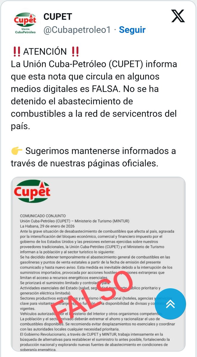 JRDeportesCuba's tweet photo. #Cuba 🇨🇺 #Cupet desmiente rumores sobre el abastecimiento de combustibles
📌Cupet insta al público a mantenerse informado a través de sus canales oficiales en #RedesSociales y medios de comunicación reconocidos en #Cuba 

⬇️⬇️https://t.co/QNTo8EaQjT https://t.co/9mRbZVjnun