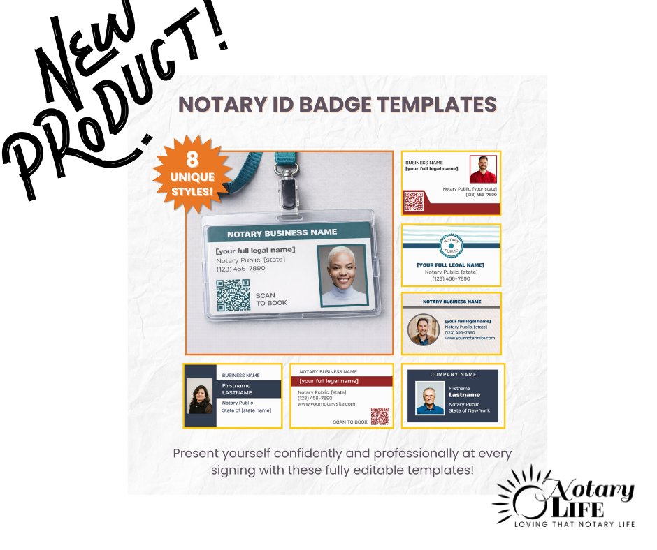 New Product ALERT! Present yourself professionally and confidently with this editable Notary ID Badge template, designed specifically for notaries, mobile notaries, and loan signing agents. 

Grab your template here: tinyurl.com/4zhuaapy

#notarylife #notary #notarybusiness