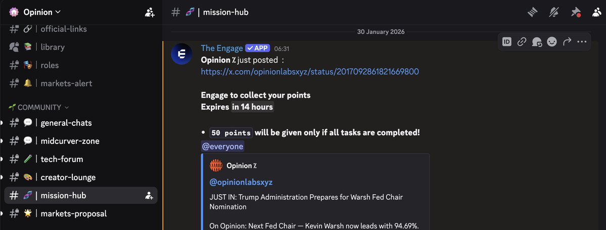 DidiTrading's tweet image. Day 422: How to farm the @opinionlabsxyz airdrop with $0

Opinion has a social campaign that rewards daily Twitter engagement

&amp;gt; go to Opinion discord: discord.gg/3ArwzeR9Uy
&amp;gt; go to #check-your-level → type /set twitter
&amp;gt; Head to #mission-hub and complete open tasks

You can