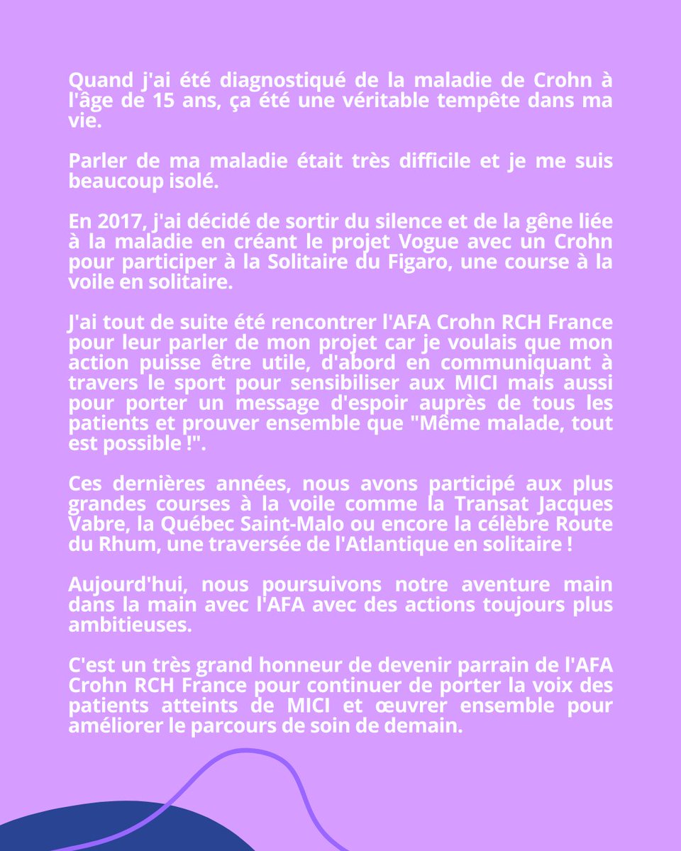 afaCrohnRCH's tweet image. Le skipper Pierre-Louis Attwell, alias @VogueAvec1Crohn  devient officiellement #parrain de l’afa, une nouvelle qui nous tient particulièrement à cœur💜#merci