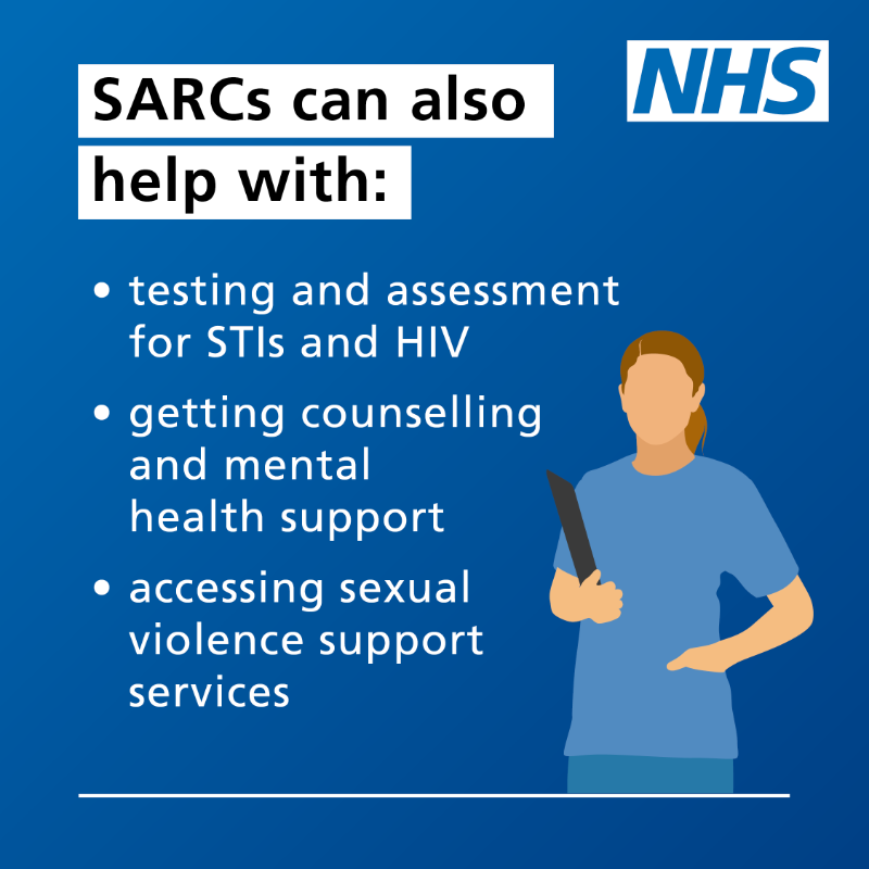 NHSuk's tweet photo. Sexual assault referral centres (SARCs) can provide medical care and support if you have been raped or sexually assaulted.

They’re here for you, when you need them.

Learn more about SARCs.