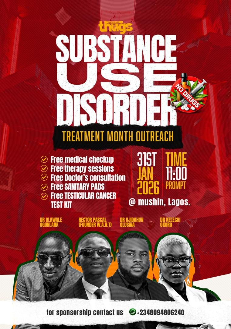 If you're in Lagos.
MUSHIN tomorrow , Saturday. 11 am

Let's make a change with WE ARE NOT THUGS <a href="/RectorPascal/">WE ARE NOT THUGS</a>.  

Say No to Drugs and Substance. 
Join Us.