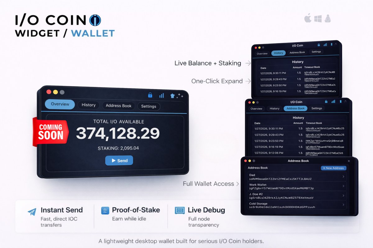 We’ve been hard at work on the new I/O Coin Widget Wallet. A compact widget that expands into a full wallet, with an automatic install bootstrap startup, smoother full sync, live balance and staking. 

Final release coming soon for macOS🍎, Windows🪟, and Linux🐧 #iocoin $ioc