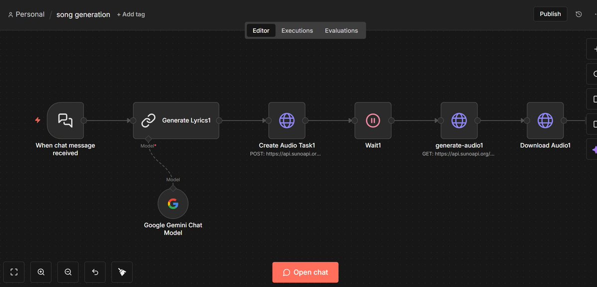 Shashid24514435's tweet photo. 🚀 Automated Song Generation (n8n)

⚡ What it does:
🎤 Takes a user prompt
✍️ Generates song lyrics
🎶 Converts lyrics into a song
🤯 Turning ideas into music with AI automation.
#GenerativeAI #AIWorkflows #n8n #Automation #MusicAI #BuildInPublic #LearningInPublic https://t.co/2YNXA4zgBl