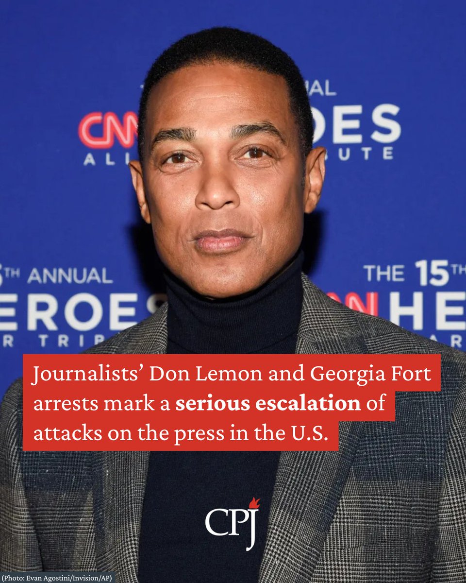 🚨 CPJ strongly condemns the arrests of journalists Don Lemon and Georgia Fort for their reporting on a protest in Minnesota, arrests which mark a serious escalation of attacks on the press in the United States.

Read more: cpj.org/2026/01/cpj-co…