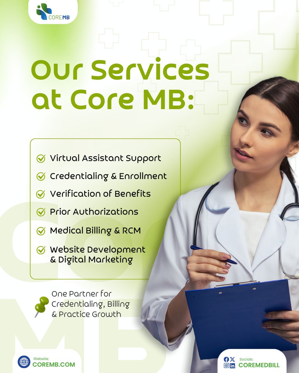 CoreMedBill's tweet photo. From credentialing to billing and RCM, Core MB offers end-to-end support tailored to your practice.

One partner. Complete control. Reliable results.
.
.
#HealthcareServices #MedicalBillingCompany #Credentialing #RCMSolutions #PracticeSupport #CoreMB https://t.co/zclkNKpLfT